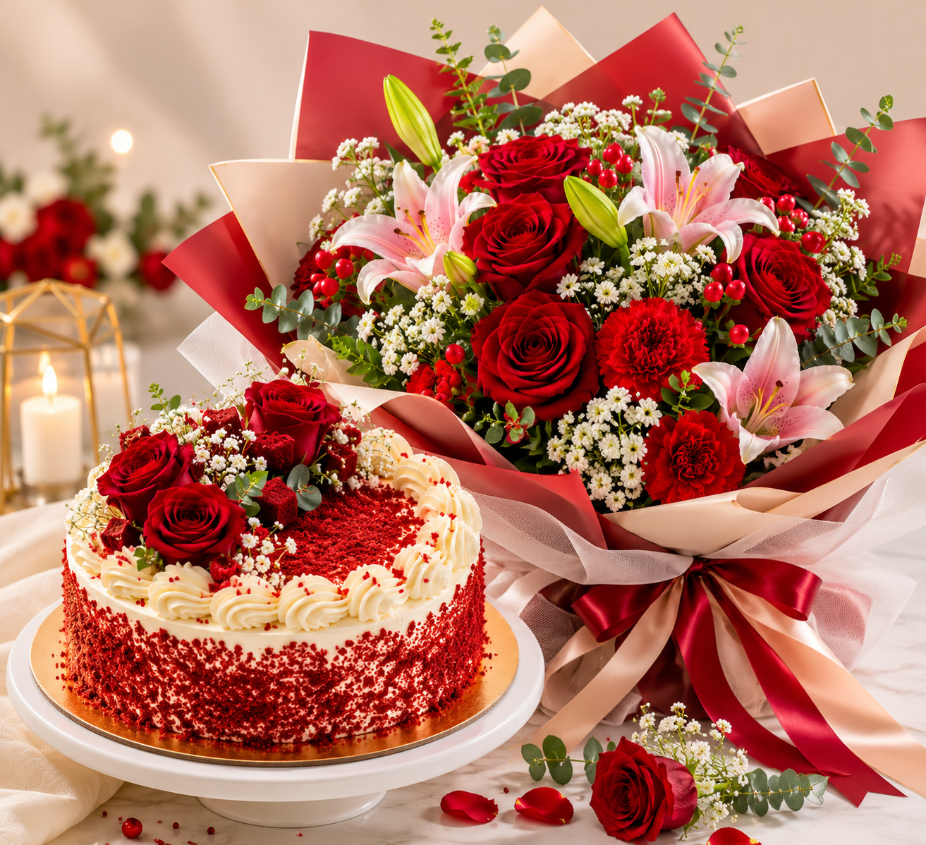 Red Velvet Delight Cake & Floral Elegance Bouquet